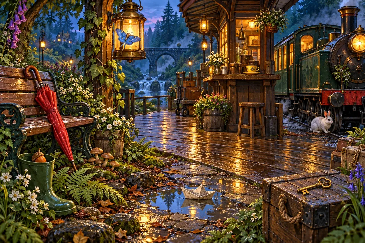 A softly lit forest train platform, full of little things to discover.