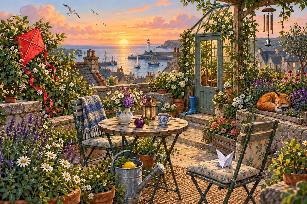 A rooftop garden at sunrise above a quiet harbor.
